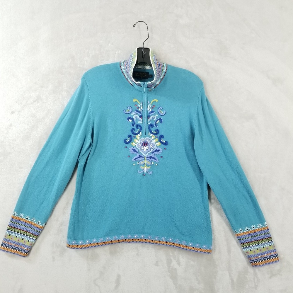 Icelandic Design Sweater Women Large Blue Embroidered High Neck‎ Cotton 1/4 Zip